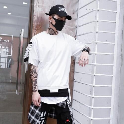 April MOMO Harajuku Ribbons Patchwork Tshirt Streetwear 2021 Spring Men Women Hip Hop Hole T Shirt Male Top Tees T-Shirt White
