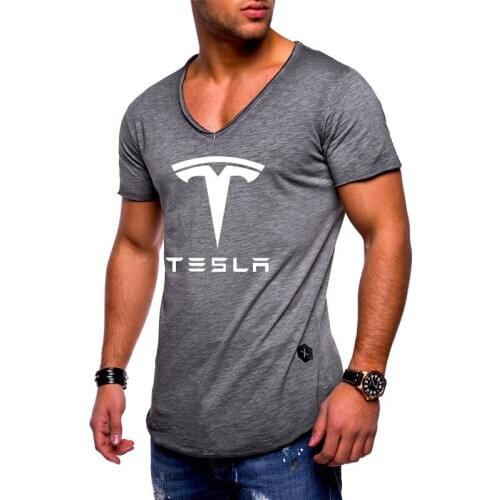 Summer Mens T-Shirt Tesla Car Logo Printed Mens Short Sleeve Casual Comfortable Solid color V-neck Cotton male T-Shirt
