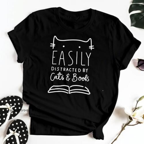 Easily Distracted By Cats & Books T-Shirt Funny Women Reading Bookworm Tops Tees Cute Cat Mom Gift Tshirt Camiseta COTTON Fabric