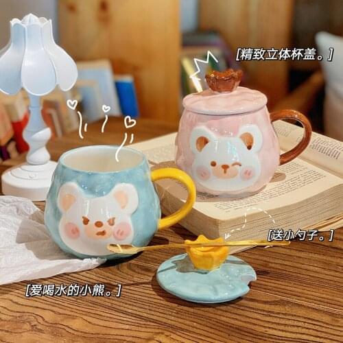 Lovely water cup female ceramic cup large capacity spoon cup lovers household mug office coffee cup