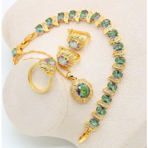 Bride Gold Color Jewelry Set for Women Party Rainbow Blue Zircon Bracelet Earrings Necklace Pendant Ring Wedding Gift 4PCS