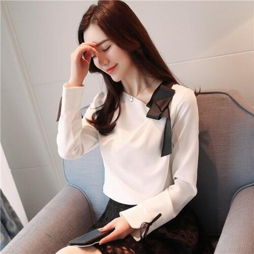 New 2019 spring Korean fashion slant collar lace up Long Sleeve Chiffon shirt for women