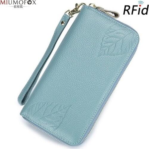 New RFID Leaves Cow Leather Wallet for Women Lady Long Wallets Female Day Clutch Female Purse Card Holder Wallet Phone Pouch W48