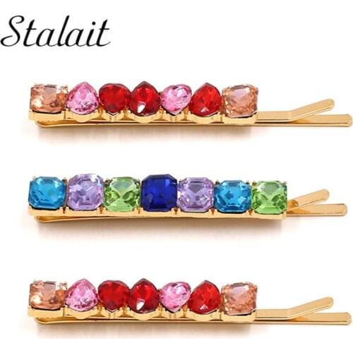 Luxury Inlay Crystal Rhinestone Hair Clips For Female Girl Colorful Gold Alloy Hair Styling Accessories