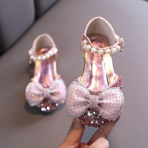 Pink Silver Fashion Rhinestone bow-knot Crystal Sandal Kids Princess Shoes for Wedding Party Girls Shoes For Dance Performance