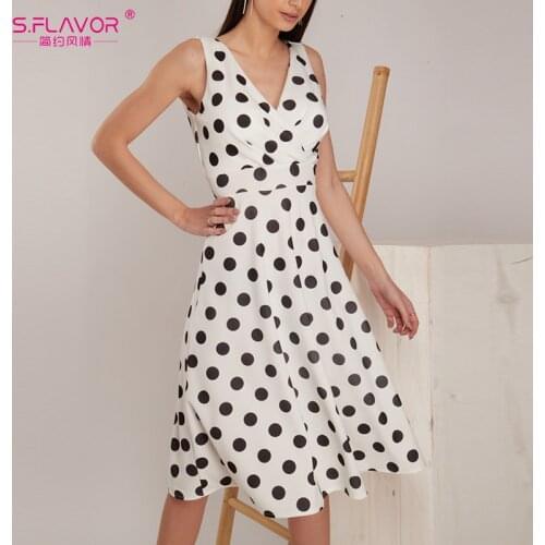 S.FLAVOR Women Sexy Dot Print V-Neck Party Dresses Vestidos Summer Fashion Sleeveles A-Line Dress Elegant Ladies Sundress