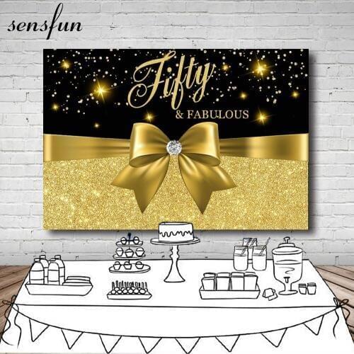 Sensfun Shining Fifty & Fabulous Photography Backdrop Big Bow Black Gold Glitter Women Birthday Party Backgrounds 7x5FT
