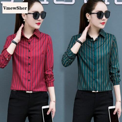 VmewSher New 5XL Autumn Spring Women Shirt Striped Print Long Sleeve Office Lady Elegant Blouse Casual Turn Down Collar Tops