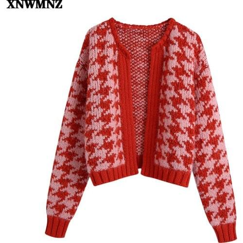 XNWMNZ ZA Women 2021 Fashion houndstooth open knit cardigan Sweater Vintage round collar Long Sleeve Female Outerwear Chic Tops