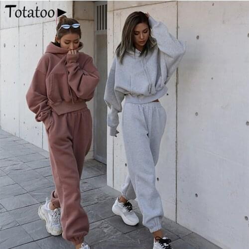 Totatoop Women Autumn Winter Two Piece Set Hoodie Sweatshirts Crop Tops Jogger Pants Oversize Sporty Tracksuit Casual Warm Sets
