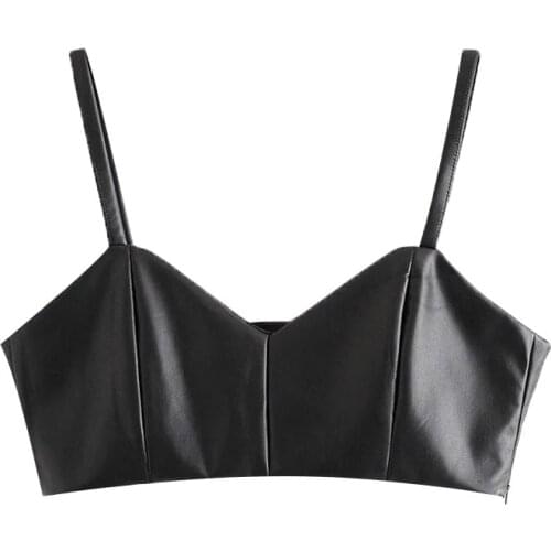 2021 New Women Sexy Fashion Faux Leather Cropped Tank Top Vintage Backless Side Zipper Thin Straps Female Camis Chic Tops