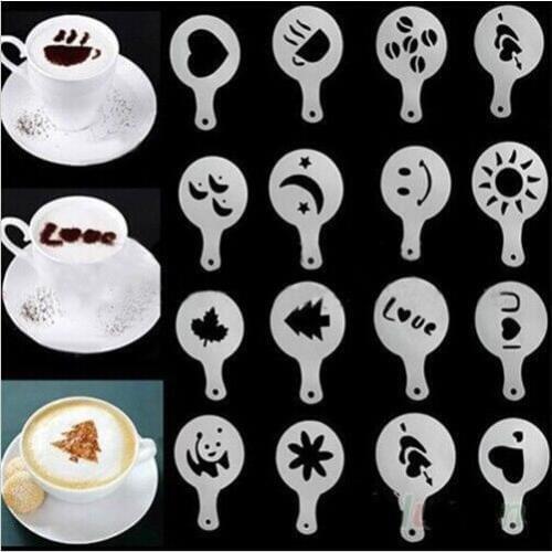 16Pcs Coffee Milk Cake Cupcake Stencil Template Strew Pad Duster Spray Tools Dining&Bar Mold Coffee Barista Cappuccino Template