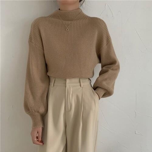 2021 Lantern Sleeve sweater women turtleneck sweater pure color knitted turtleneck pullover loose large size sweater women
