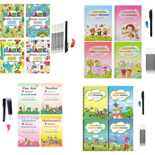 4 Books + Pen Magic Practice Book Free Wiping Childrens Toy Writing Sticker English Copybook For Calligraphy Montessori Toys