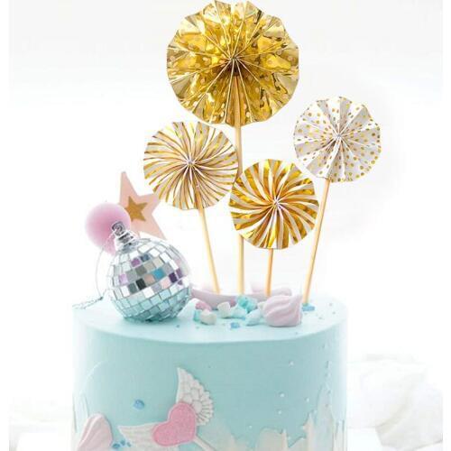 4Pcs/lot Mini Cake Paper Fan Topper Kids Birthday Party Flags Baby Shower Cake Cupcake Toppers Wedding Decoration Favor Supplies