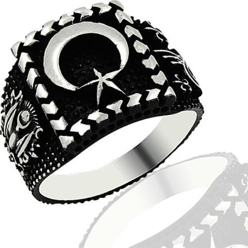 925 Silver Moon Star Printed English Ethnic Men Rings Crescent Ring Mans Ring