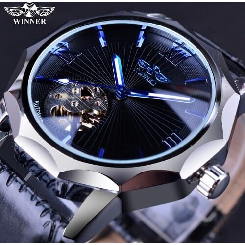 Winner Men Watch Blue Ocean Geometry Design Transparent Skeleton Dial Top Brand Luxury Automatic Fashion Mechanical Watch Clock