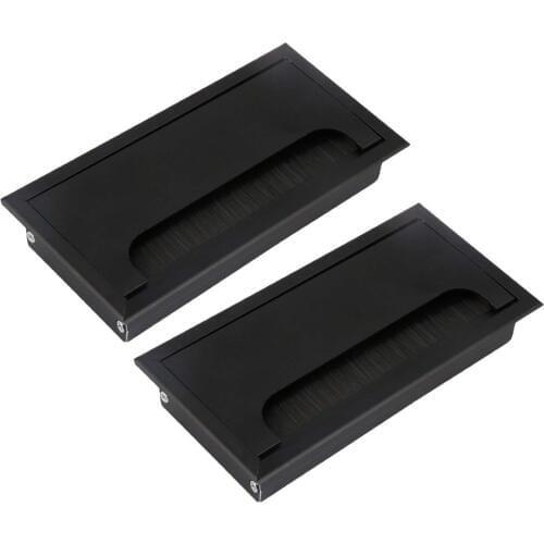 Black Aluminum Alloy L 160mm Table Desk Rectangle Wire Cable Grommet Hole Cover Outlet Port with Black Brush