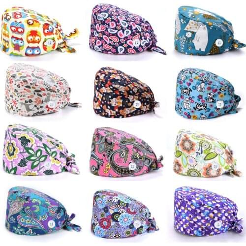 Unisex Cotton Adjustable Scrubs Nurse Hats Floral Print Scrubs Cap Quality Beauty Salon Work Hat Tieback Elastic Pet Grooming Ca