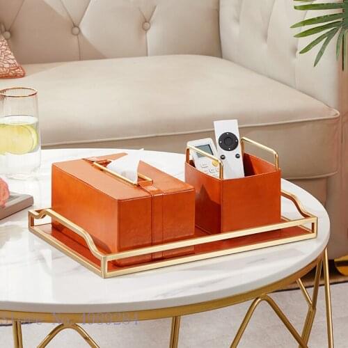 Leather Metal Drawer Box Tissue Box Tray Cosmetic Brush Storage Rack Desktop Storage Organization Golden Cortex Ornaments