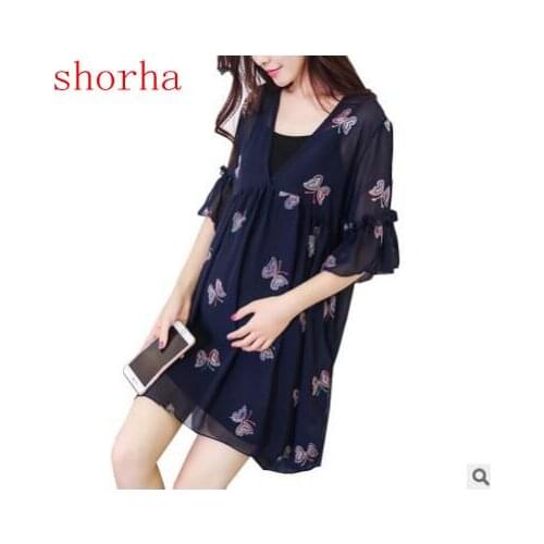 Autumn summer Maternity Dress Butterfly Embroidery Maternity Two-piece Chiffon Dress For Pregnant Women Bottom Clothes dresses