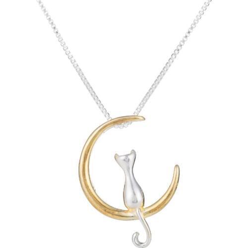 Yiustar Fashion Moon Cat Necklace Cat Pendant Jewelry Accessories Bijouterie Men Women Chain Collar Moon Necklace Cat Jewelry