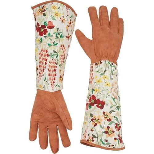 1 Pair Floral Print Gardening Gloves Faux Leather Long Sleeve Glove Women Non-Slip Cleaning Household Mitten