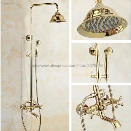 Polished Gold Bathroom Rainfall Shower Faucets Set Double Handle Mixer Tap Wall Mounted Bath Showers Sets Ngf386