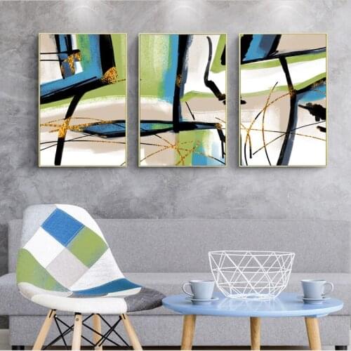 Retro Abstract Gold Lines Blue Black Block Art Print Poster Wall Decor Picture Wall Stickers Canvas Painting for Home Decor