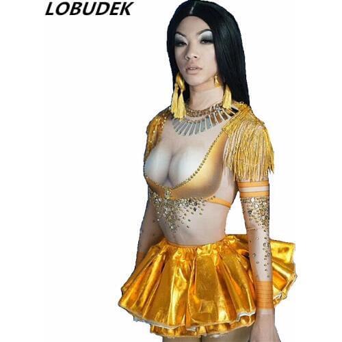 Sexy Nightclub Dancer Team Mini Dress Orange Crystals Sequins Short Dress Bar Club DJ Singer Stage Wear Elastic One Piece Dress