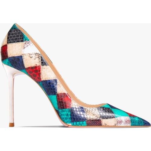 Sexy Lady Fashion Women Shoes Multi Color Snake Python Pointy Toe Stiletto Stripper High Heels Zapatos Mujer Prom Evening Pumps