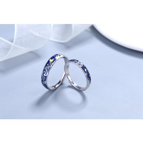 Uloveido 925 sterling silver blue drip glaze pattern ring couples simple personality Japanese and Korean Tanabata ring SALRG16
