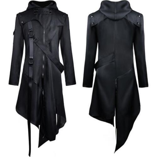 Vintage Gothic Steampunk Renaissance Man Jacket Medieval Autumn Hooded Zipper Coat Costume for Men Plus Size Black Strap Tuxedo