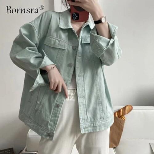 Bornsra Denim Jacket Female Autumn 2021 Loose Style Single-breasted Jacket Turn-down Collar Jean Jackets for Women