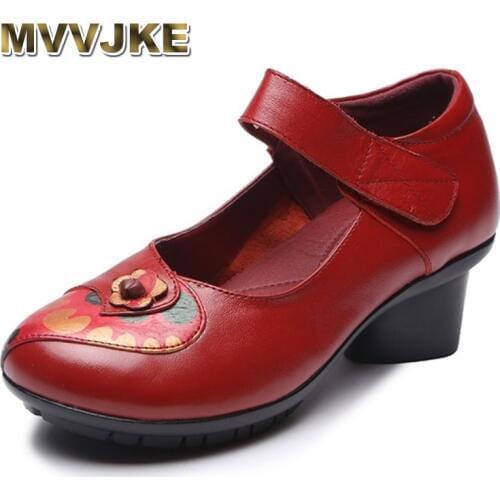 MVVJKE Soft Med Heels Vintage Style Genuine Leather Shoes Personality Casual Womens Pumps Summer Cowhide Retro Handmade Shoes