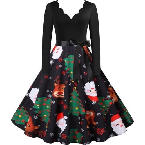 New Spring Summer Fall Christmas Santa Claus Reindeers Print V Neck Bow Long Sleeve Women Ladies Casual Party Short Skater Dress