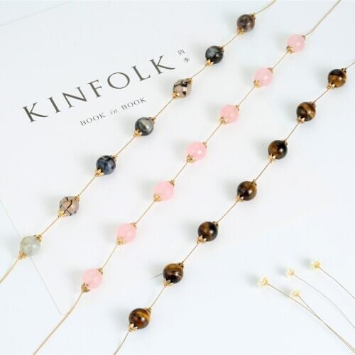 Boho 14mm Natural Tiger Eye Semi Precious Stone pink Bead Necklace for Women 17inch Link Gold Chain Handmade Bead Charm choker