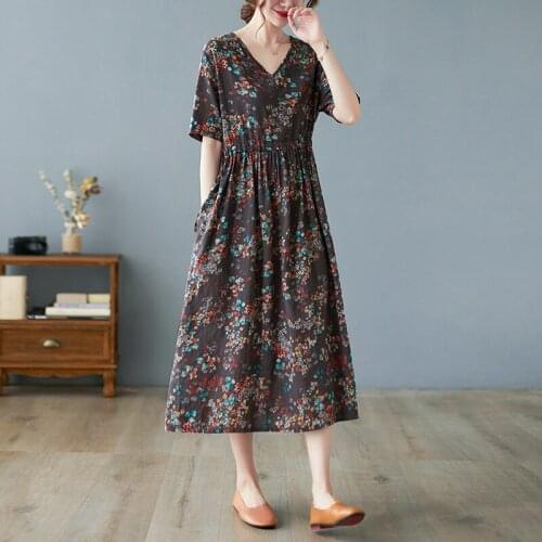 Fashion Print Floral Dress 2021 Thin Soft Cotton Linen Loose Women Casual Summer Dress Draw String Slim Office Lady Work Dress
