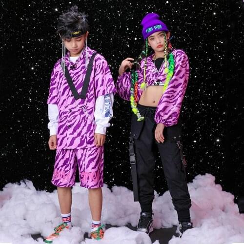 2021 Fashion Hip Hop Dance Costumes For Kids Jazz Show Wear Boys Street Dance Purple Suit Tops Pants Girls Stage Outfit BL5898