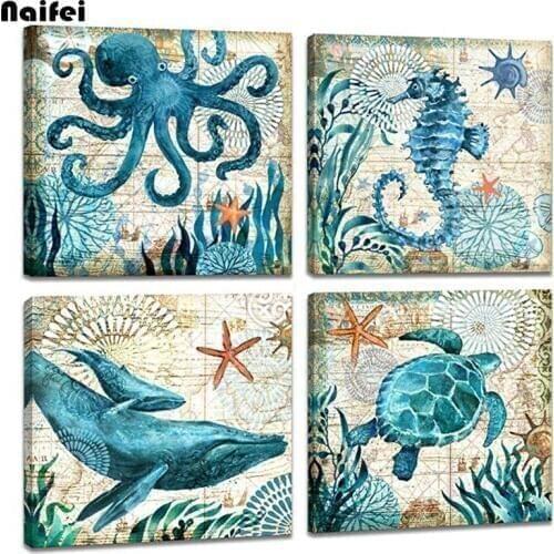 Ocean Theme diamond mosaic Sea Animal Seahorse Octopus Whale Turtle Pictures diamond painting cross stitch Bathroom Decor 4 pcs