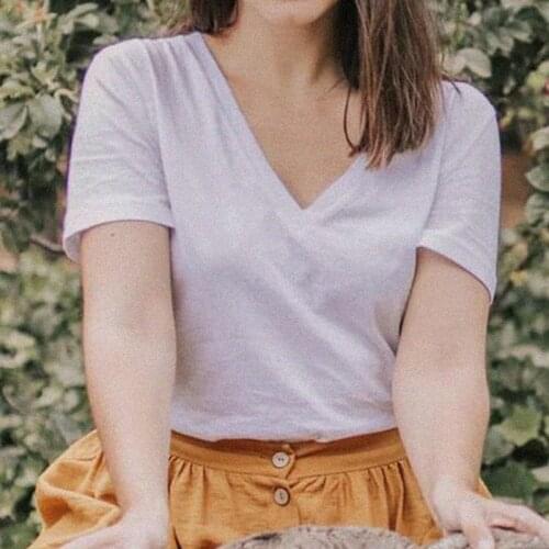 T-Shirt Femme Thin Short Sleeve Encolure V Loose Tee Shirt Elegant Tops Chic Casual Retro Women T Shirts simplicité Hauts