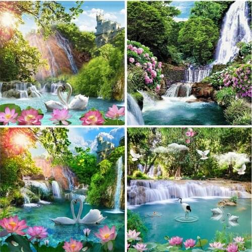 HUACAN 5D Diamond Painting Swan Full Square Needlework Art Diamond Embroidery Landscape Waterfall Mosaic Cross Stitch Home Decor
