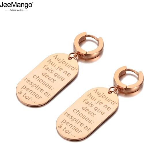 JeeMango Creative Rose Gold Geometric Tag Hoop Earrings Stainless Steel Trendy Letter Charm Earrings Jewelry For Women JE20132