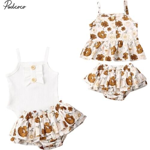 2020 Baby Summer Clothing Infant Newborn 0-24M Baby Girls 2Pcs Set Outfits Ribbed Vest Romper / Floral Tops Shirt Dress Shorts