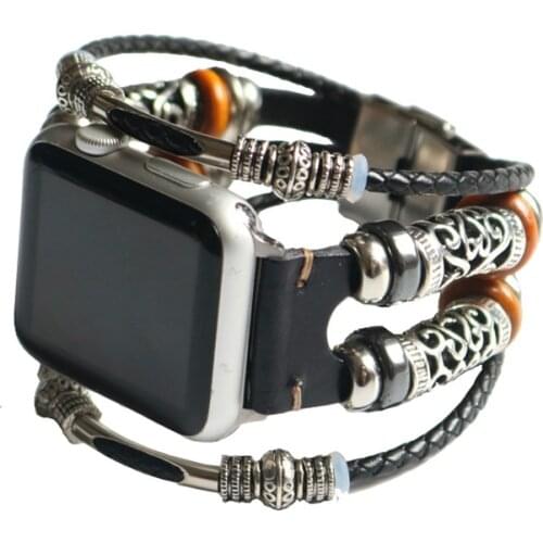 Leather Watch Band for Apple Watch Series 5/4/3/2/1 Replacement Bead Braided Bracelet Strap for Watch Strap 38mm 40mm 42mm 44mm