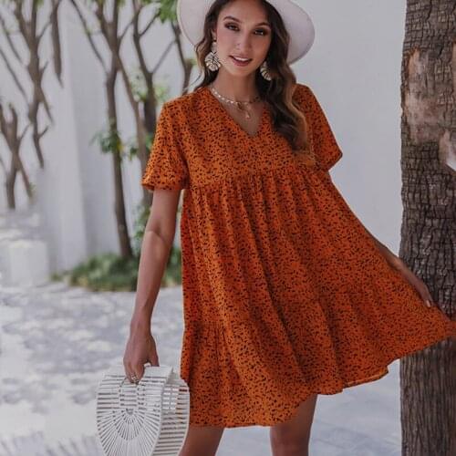 Summer Fashion Sexy V Neck Dress 2021 Women Casual Loose Short Sleeve Print Mini Beach Party Dresses For Femme