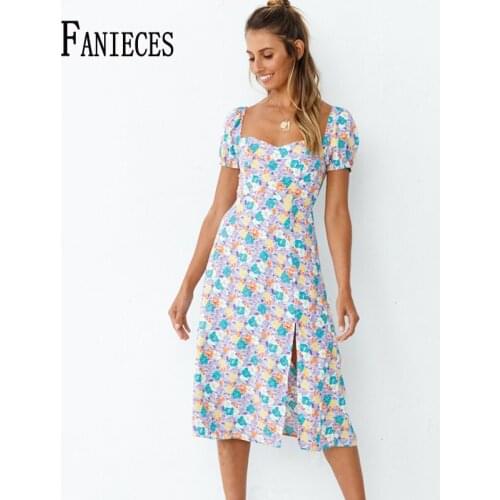 FANIECES Sweet Summer Floral Dresses For Women Short Puff Sleeve Sexy Side Slit Backless Leced Up Midi Dress Elegant Holiday