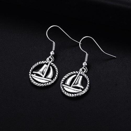 Trendy Vintage Sailboat Shape Dangle Antique Silver Plated Earrings for Women Girl Retro Drop Earrings Cute Earring Jewelry