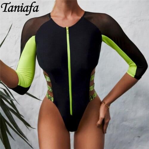 2021 New Women One-piece Swimsuit Summer Stitching Bikini and Zipper One-piece Mesh Bikini