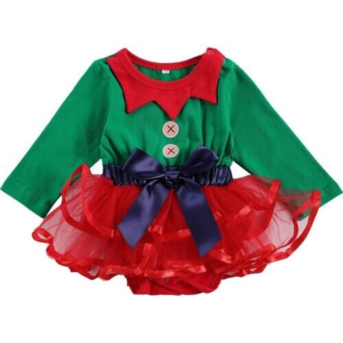 New Christmas 0-18M Newborn Baby Girls Boys Rompers Dress Patchwork Long Sleeve Lace Bowknot Tutu Dress Jumpsuits